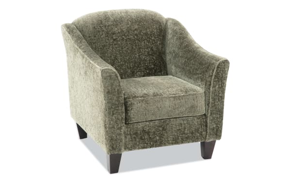 Cypress Avocado Accent Chair in green polyester fabric with transitional style, plush cushions, and Bob-O-Pedic® Memory Foam for supportive comfort.