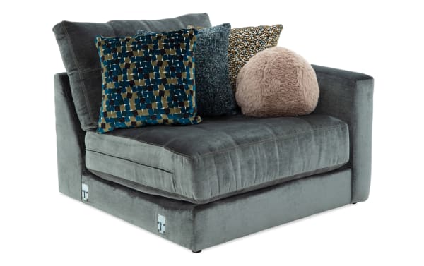 Emerald green Jewels Emerald Right Arm Facing Chair with plush polyester fabric, glam style, Bob-O-Pedic Gel Memory Foam, and decorative accent pillows.