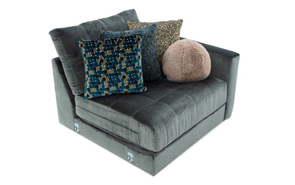 Emerald green Jewels Emerald Right Arm Facing Chair with plush polyester fabric, glam style, Bob-O-Pedic Gel Memory Foam, and decorative accent pillows.