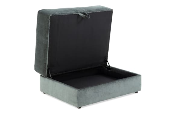 Jewels Emerald Storage Ottoman in green polyester fabric with glam style, featuring a hinged top revealing hidden storage and gel memory foam comfort.