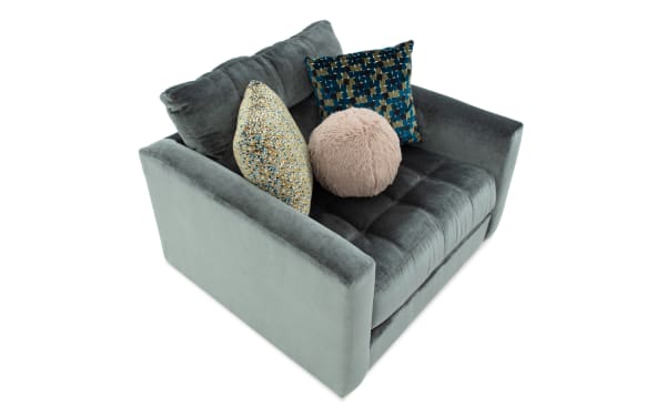 Emerald green Jewels Emerald Side Chair with plush polyester fabric, tufted seat, and three decorative accent pillows in glam style.