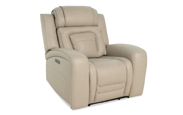 Beige leather recliner chair with padded armrests, cushioned backrest, and side control panel, designed for comfort and relaxation.