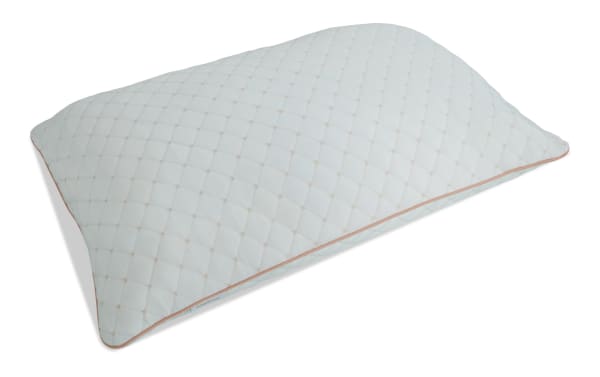 Quilted white pillow with beige diamond stitching and beige piping along edges, designed for comfortable sleep support.