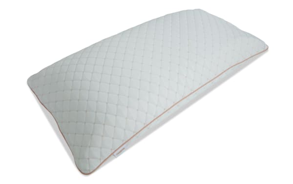 Rectangular quilted pillow with light blue fabric and beige stitching, featuring a soft texture and a small "ESSENTIAL" brand tag.