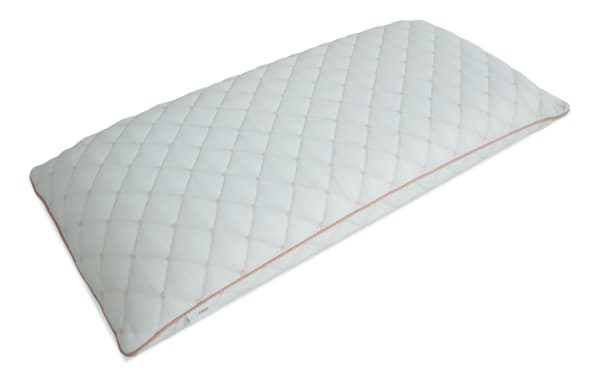 White firm pillow with quilted diamond pattern and light brown piping along edges, designed for supportive and comfortable sleep.