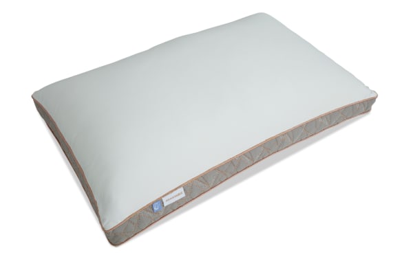 Adjustable pillow with a white smooth top surface and quilted gray sides featuring orange stitching, designed for customizable comfort.