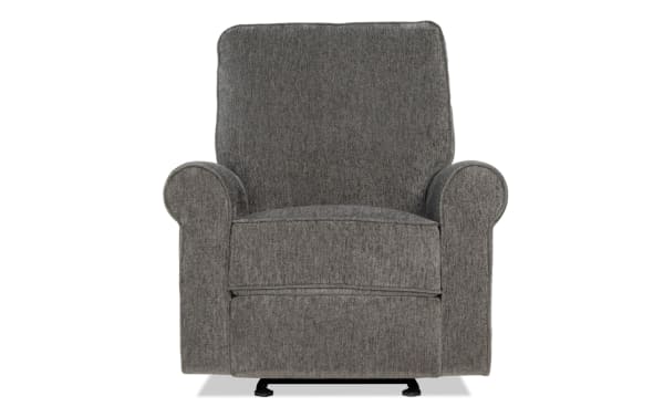 Gray upholstered recliner chair with rounded armrests, cushioned backrest, and fabric texture, designed for comfortable seating.