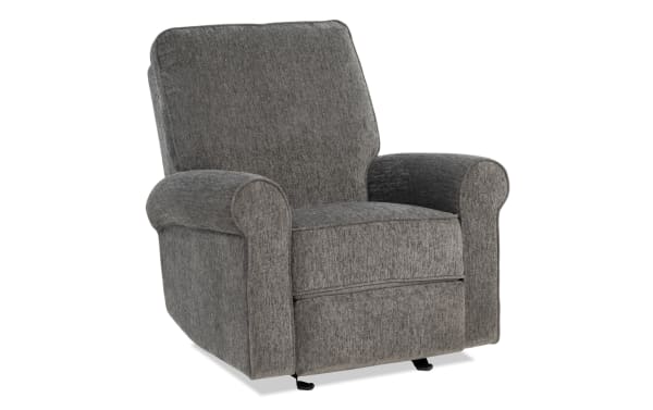 Gray fabric upholstered recliner chair with padded armrests and cushioned backrest, designed for comfortable living room seating.