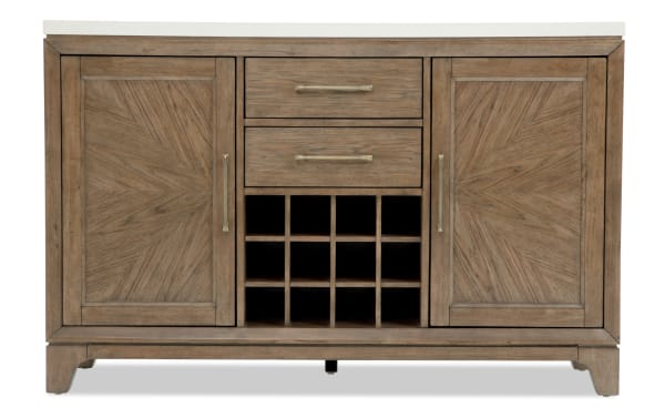 Wooden sideboard with a white marble top, featuring two drawers, two paneled cabinet doors, and a central wine rack with nine slots.