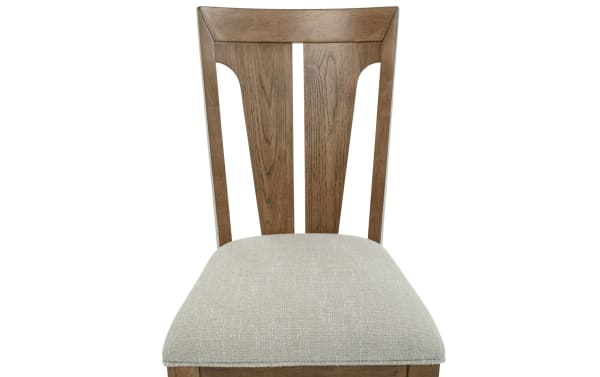Wooden dining chair with a dark walnut finish and beige upholstered cushioned seat, featuring a slatted backrest design.