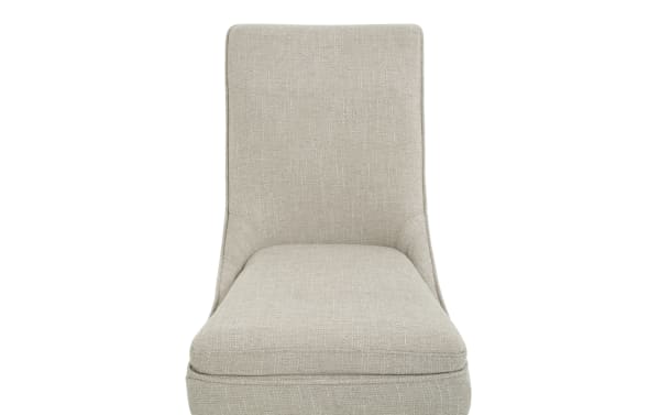 Beige upholstered armless accent chair with a high backrest, cushioned seat, and textured fabric for living room seating.