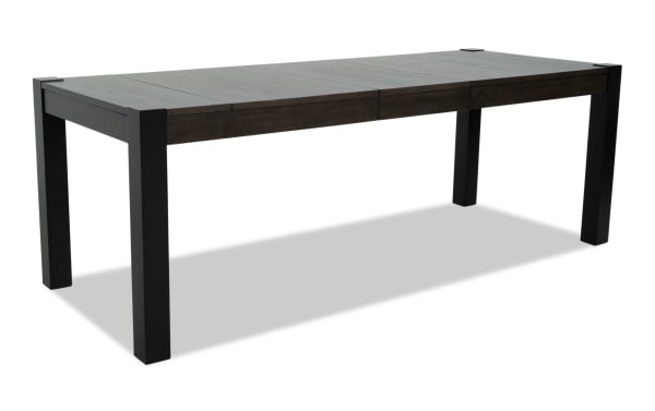 Aurora Brown & Black Counter Height Extendable Dining Table from Aurora Dining collection, made of MDF and rubberwood solids, features a transitional style with a dark brown extendable top and black sturdy legs, ideal for meals, homework, or games.