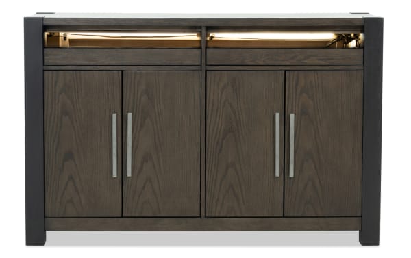 Aurora Brown & Black Server from Aurora Dining collection, transitional style with MDF and rubberwood solids, LED-lit top drawers, and ample storage.