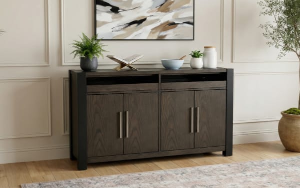 Aurora Brown & Black Server from Aurora Dining collection, transitional style with MDF and rubberwood solids, featuring dark wood finish, black frame, LED lighting, and ample storage with four doors and two drawers.