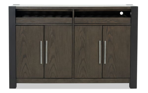 Aurora Brown & Black Server from Aurora Dining collection, transitional style MDF and rubberwood storage cabinet with LED lighting and metal handles.