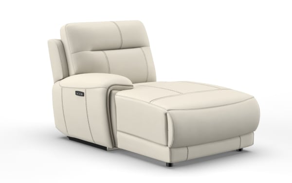 Cream-colored leather reclining chaise lounge with padded armrest, cushioned backrest, and visible stitching for modern comfort and style.