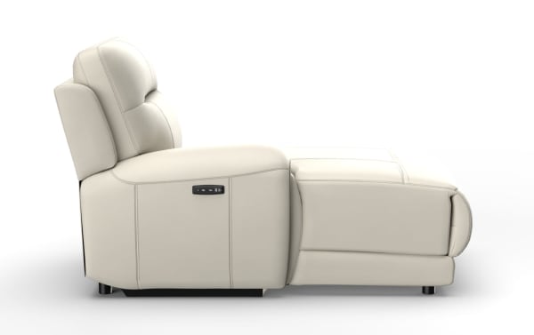 Modern beige leather recliner chair with cushioned backrest, armrests, and built-in control panel for adjustable comfort.