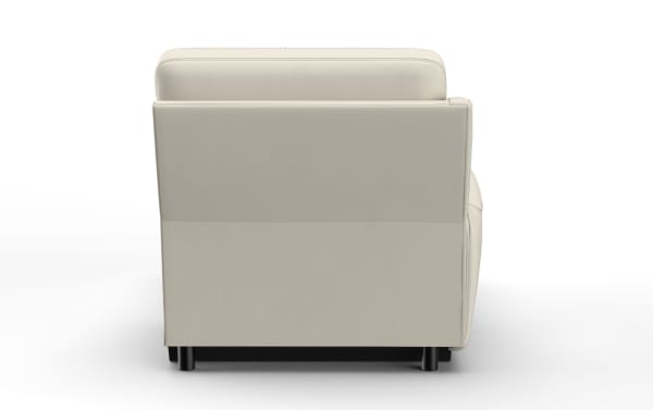 Beige leather armchair with black cylindrical legs shown from the back, featuring smooth upholstery and clean stitching detail.