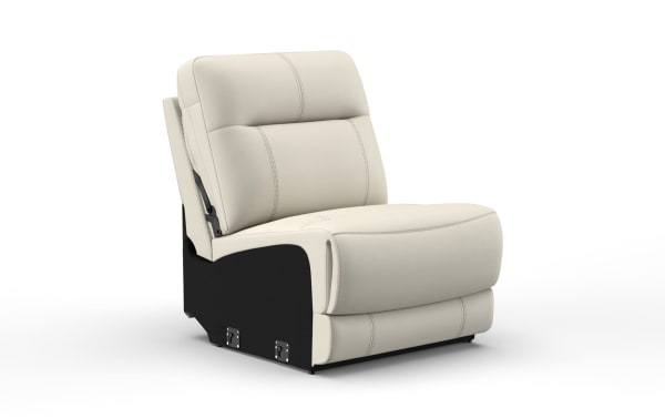 Modern beige leather recliner chair with cushioned backrest and seat, black base, designed for living room comfort and style.