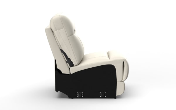 Modern beige leather recliner chair with black base, cushioned backrest, and ergonomic design for home or office seating.