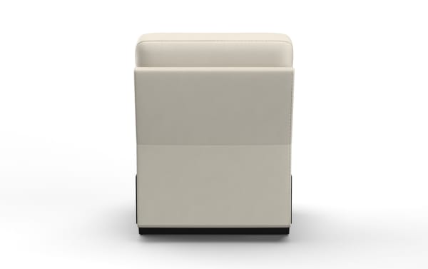 Modern beige leather armchair with clean stitching, padded backrest, and black base, designed for contemporary living spaces.