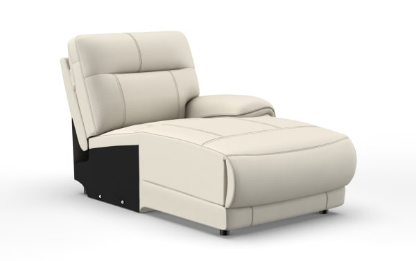 Cream-colored leather chaise lounge with cushioned backrest, armrest, and black base, designed for modern living room comfort.