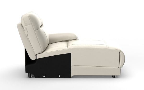 Modern beige leather recliner chair with cushioned armrest and backrest, featuring a black base and sleek stitching detail.