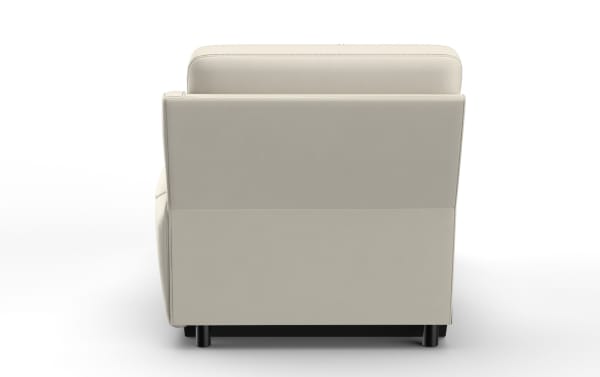 Beige leather armchair with clean stitching, modern design, and black cylindrical legs, shown from the back on a white background.