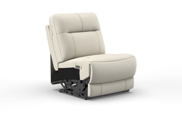 Cream-colored leather recliner chair with visible black metal reclining mechanism, cushioned backrest, and seat designed for comfort and support.