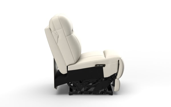 Reclining beige leather car seat with visible black metal frame and side control buttons, showcasing ergonomic design and adjustable comfort features.
