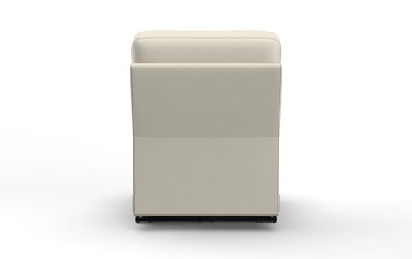 Modern beige leather armchair with a high backrest and clean, minimalist design, suitable for office or living room seating.