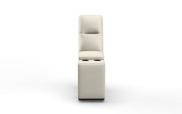 Modern beige leather recliner chair with high backrest and built-in dual cup holders, designed for comfort and convenience in home theaters or living rooms.