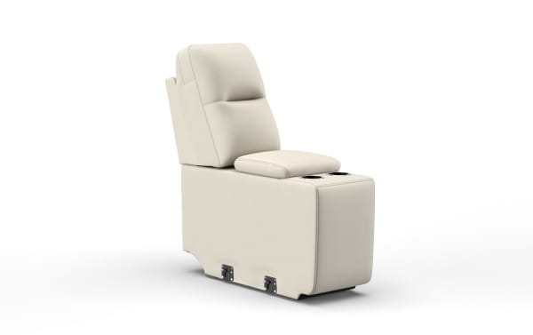Beige leather boat seat with cushioned backrest, armrest with cup holders, and mounting brackets for marine use.