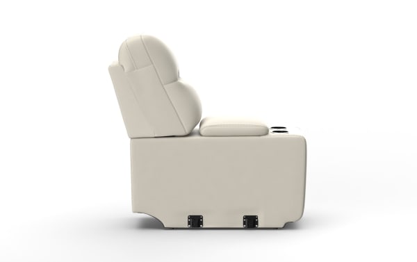 Modern beige leather recliner chair with cushioned backrest and armrest, featuring built-in cup holders and metal brackets for secure placement.
