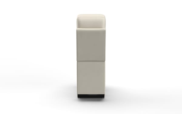 Modern beige leather armrest console with visible stitching and a black base, designed for comfort and style in living room seating.