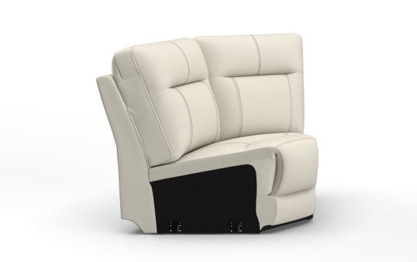 Cream-colored sectional sofa corner piece with plush cushioning, stitched detailing, and black base panel, suitable for modern living rooms.