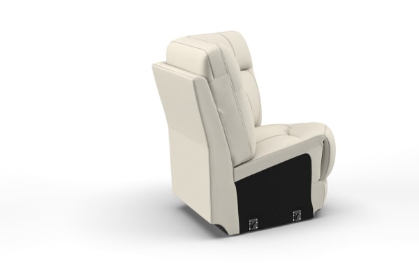 Modern beige leather recliner chair with cushioned backrest and seat, featuring black base panel with metal latch details, designed for comfort and style.