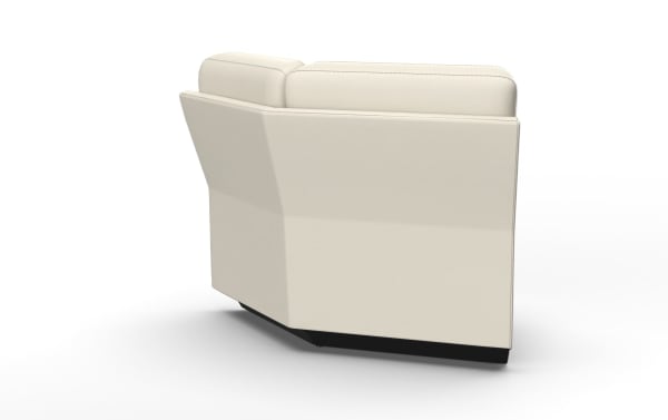 Modern beige leather armchair with clean lines, angled backrest, and black base, designed for contemporary living spaces.