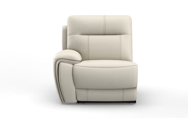 Modern beige leather recliner chair with padded armrest and detailed stitching, designed for comfort and stylish living room seating.