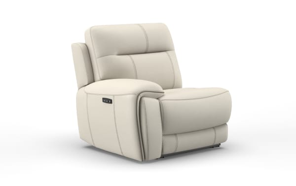 Cream-colored leather recliner chair with plush cushioning, visible stitching, and side control buttons for adjustable comfort.