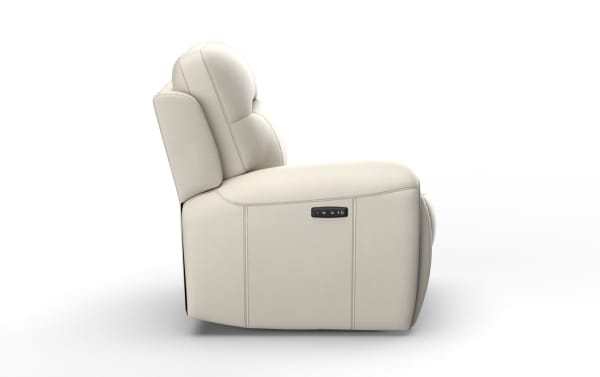 Cream-colored leather recliner chair with padded backrest and built-in side control panel for adjustable seating comfort.