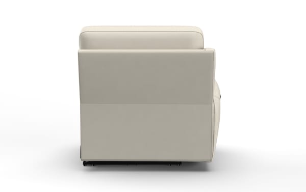 Modern beige leather armchair with clean lines, cushioned backrest, and visible stitching, shown from the side for furniture design.