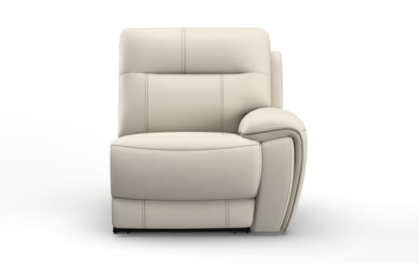 Modern beige leather recliner chair with padded armrest and stitched detailing, designed for comfort and stylish living room seating.