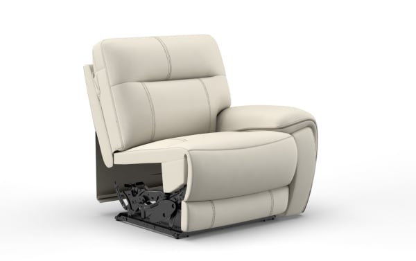 Modern beige leather recliner chair with visible metal reclining mechanism, cushioned armrest, and stitched upholstery for living room comfort.