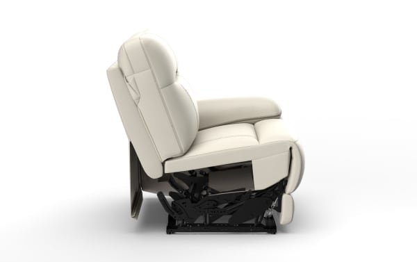Adjustable beige leather recliner chair with visible metal reclining mechanism, designed for comfort and ergonomic support.