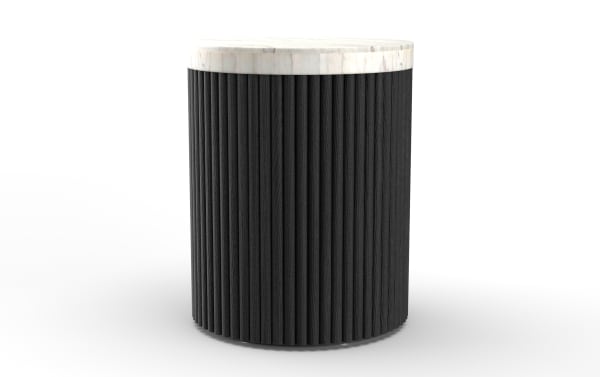 Round black ribbed side table with a white marble top, featuring vertical grooves and a modern minimalist design.