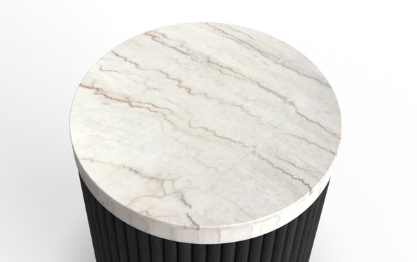 Round side table with a white marble top featuring natural gray and beige veining, paired with a black textured cylindrical base.