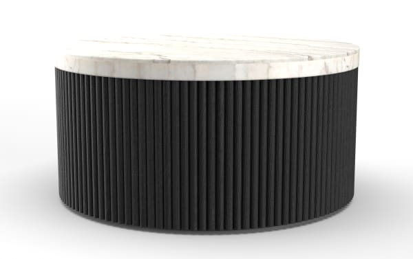 Round coffee table with a white marble top and a black vertically grooved wooden base, modern minimalist design.