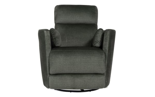 Dark gray fabric upholstered recliner chair with padded armrests, cushioned seat, and backrest, designed for living room comfort.