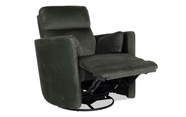 Dark green fabric recliner chair with cushioned armrests, padded backrest, and extended footrest, designed for comfort and relaxation.